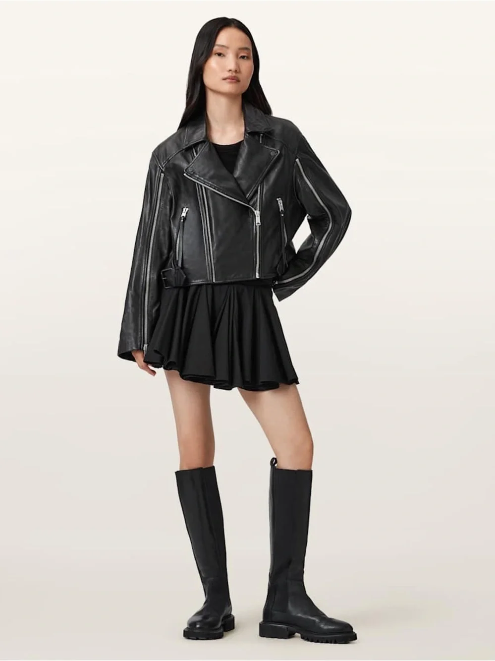 All Saints Masone Leather Zip Open Sleeve Moto Asymmetrical Jacket Medium $649 - Picture 2 of 9